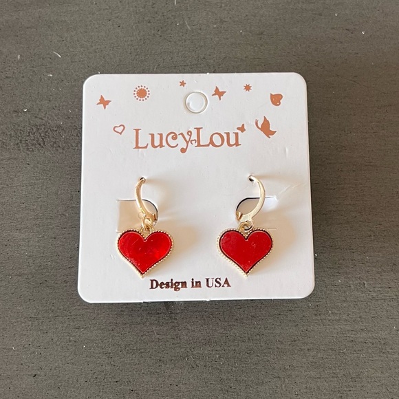 High Heels on the High Road Jewelry - Red Heart Mother of Pearl Look Valentine’s Day Dangling Gold 1“ Hoop Earrings